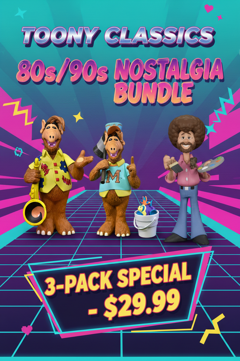 NECA Toony Classics Bundle - ALF Saxophone, Baseball ALF, Bob Ross & Peapod