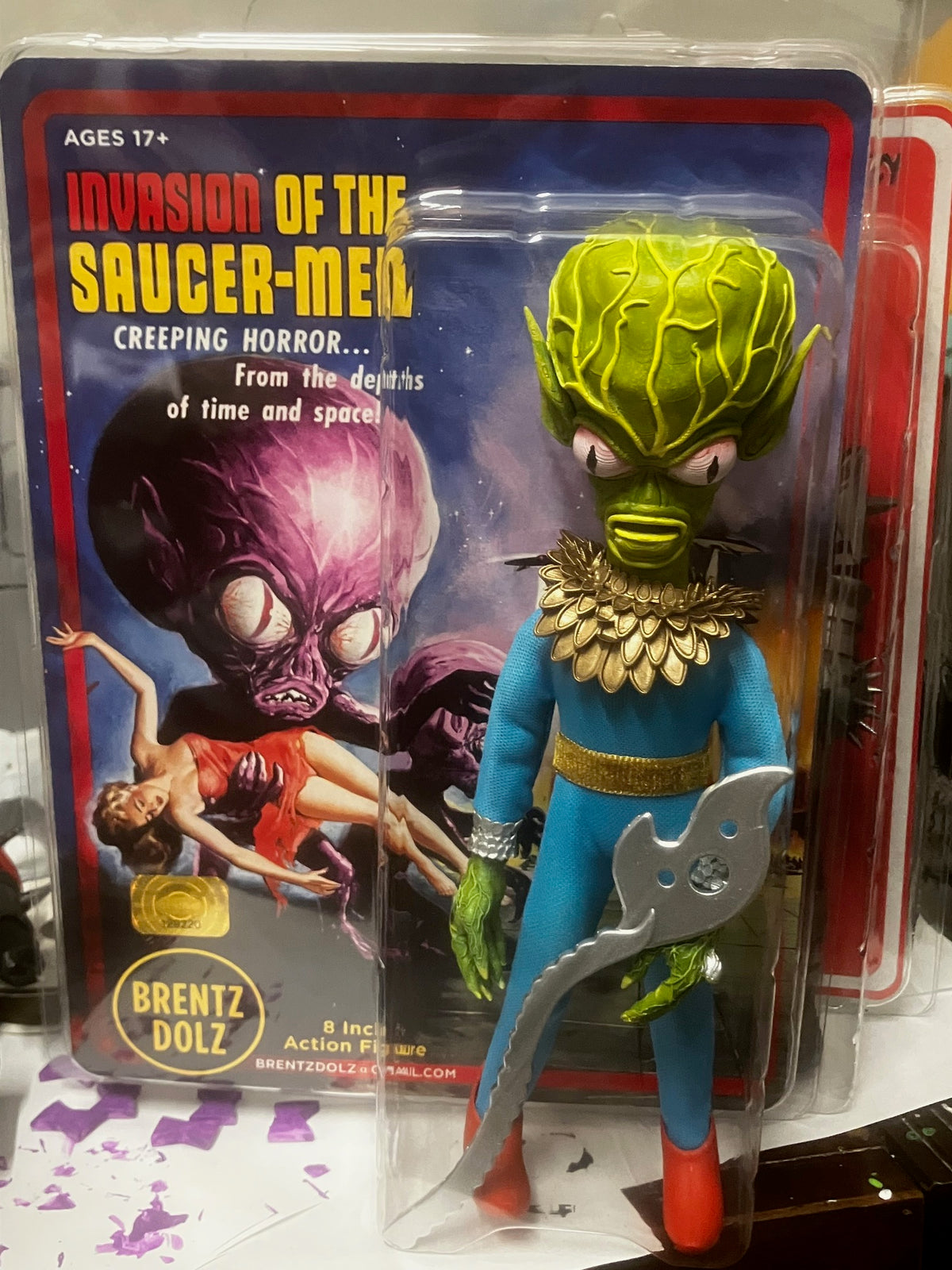 Brentz Dolz Invasion Of The Saucer-Men - Green Alien (Blue Suit) 8" Art Action Figure