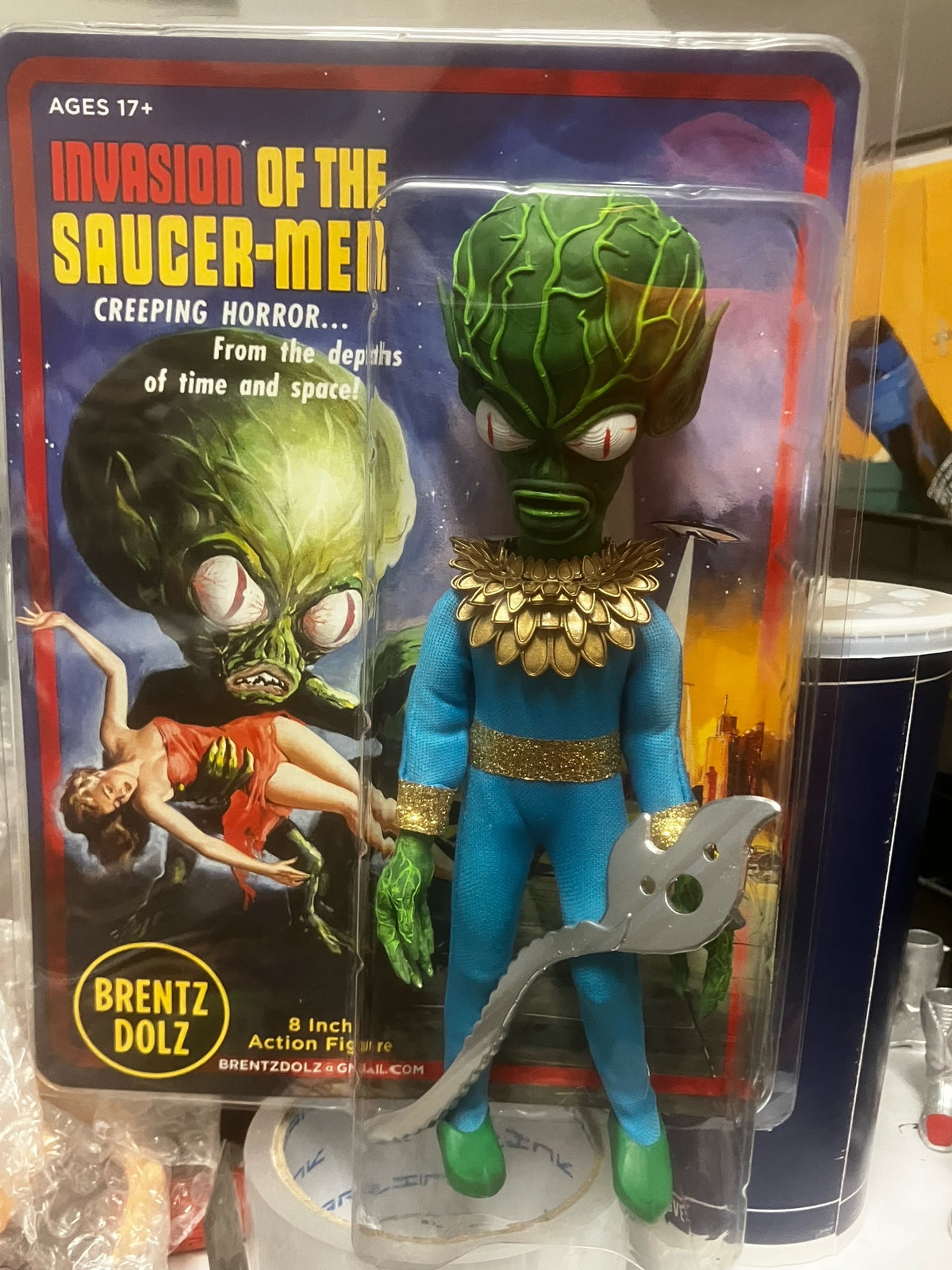 Brentz Dolz Invasion Of The Saucer-Men - Dark Green Alien (Light Blue Suit) 8" Art Action Figure