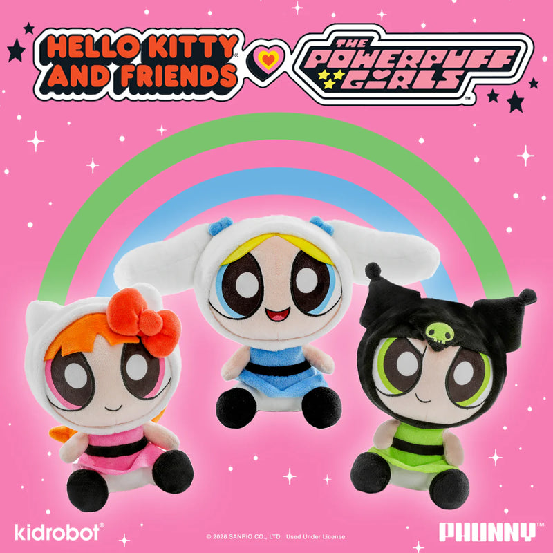 Kidrobot - Hello Kitty and Friends X The Powerpuff Girls - Blossom as Hello Kitty, Bubbles as Cinnamoroll, and Buttercup as Kuromi Phunny Plush Bundle 3-Pack