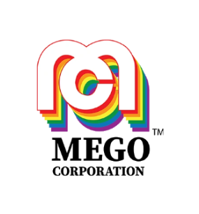 Logo of Mego Corporation with a rainbow design on a white background