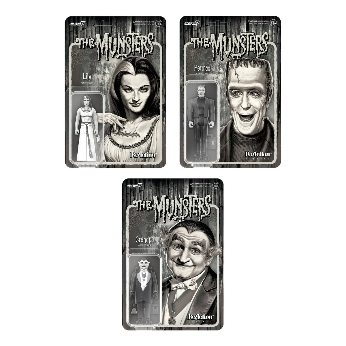 Munsters ReAction Figures - Set of 3 (Grayscale)